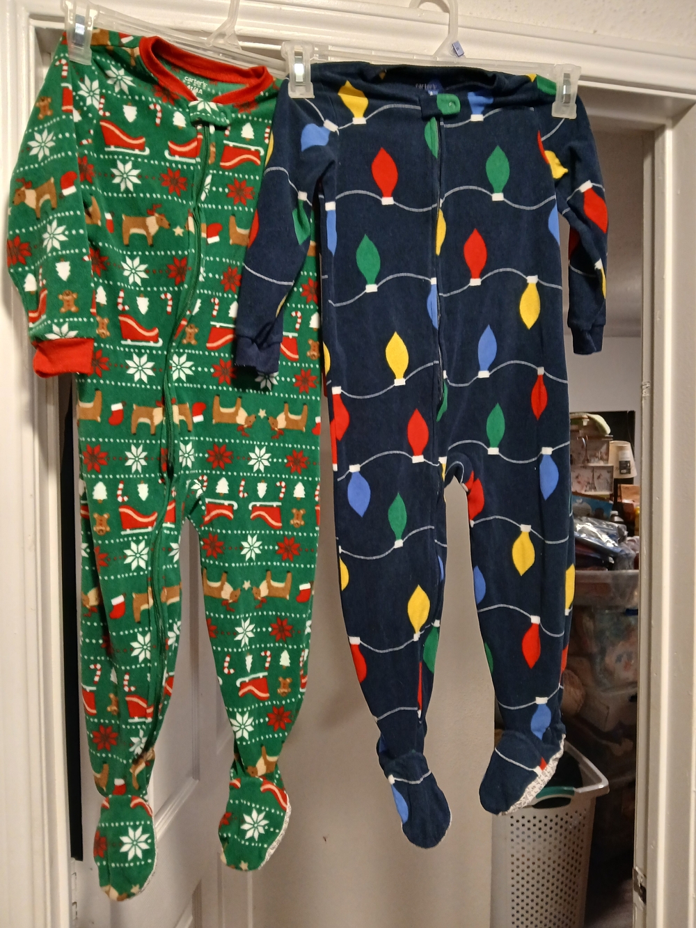 Carter's Green and Navy Holiday Footed One-Pieces